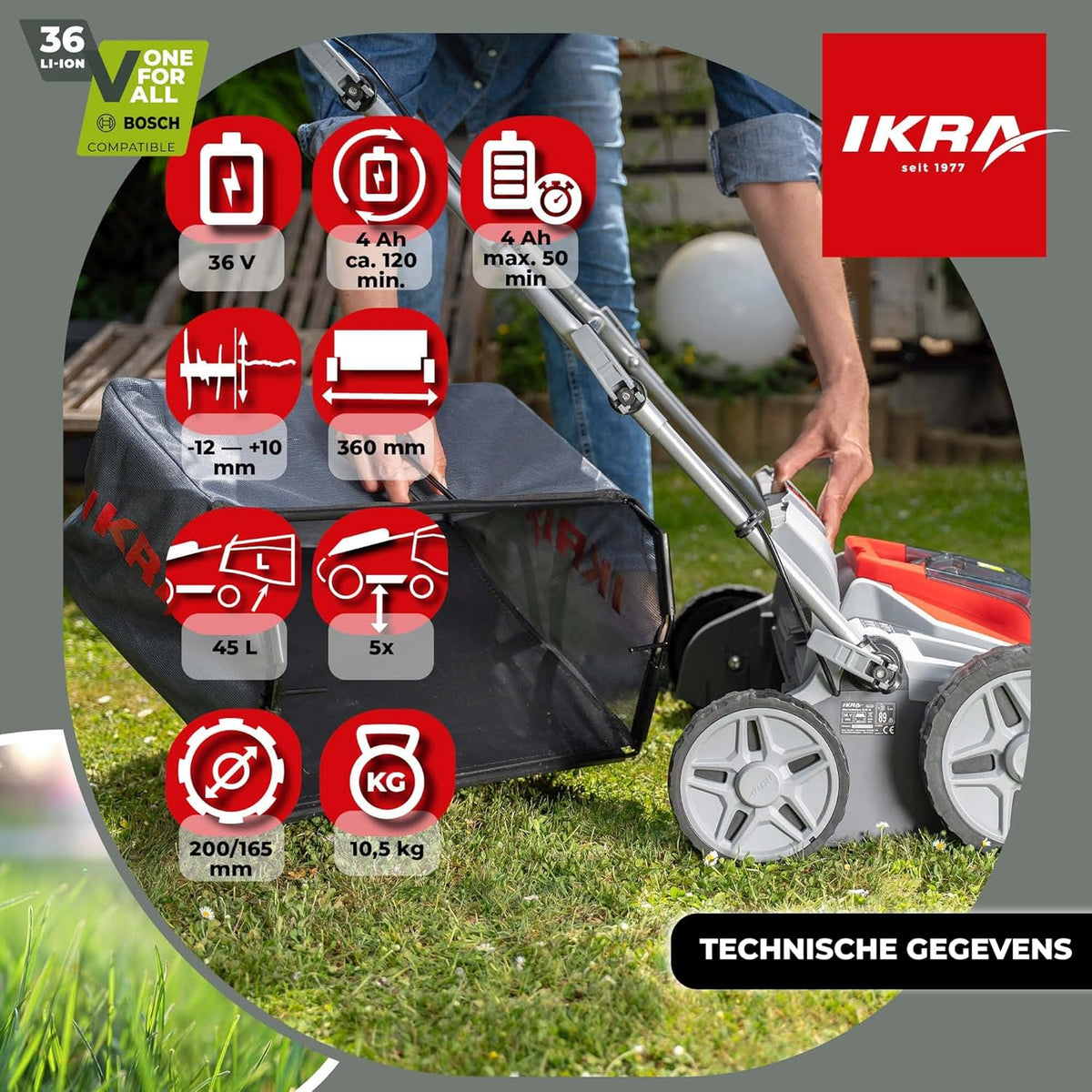 IKRA 36V accu 3in1 verticuteermachine gazonbeluchter IB-SR 36, 45l grasvanger, werkbreedte 36cm, compatibel met Bosch - QUORE