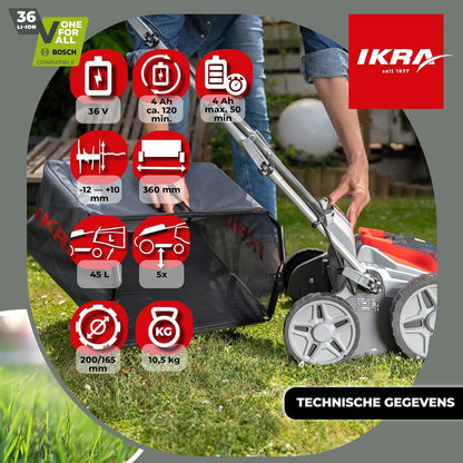 IKRA 36V accu 3in1 verticuteermachine gazonbeluchter IB-SR 36, 45l grasvanger, werkbreedte 36cm, compatibel met Bosch - QUORE
