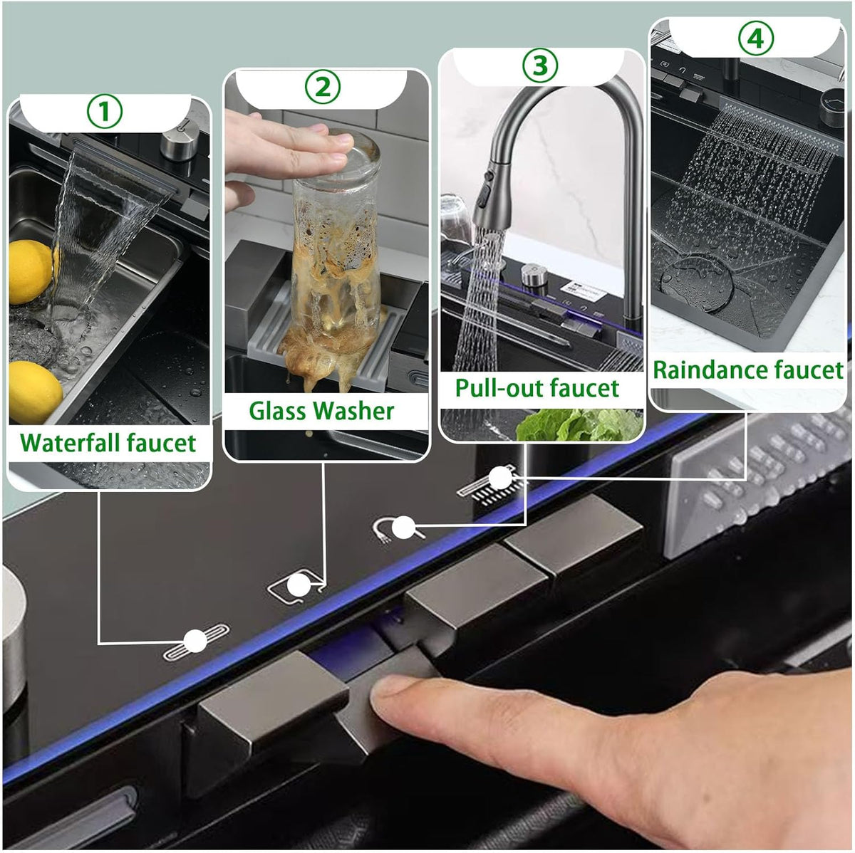 304 Roestvrij Staal Keuken Spoelbak, 80x45x21cm Zwarte Enkele Kom Multifunctionele Waterval Sink