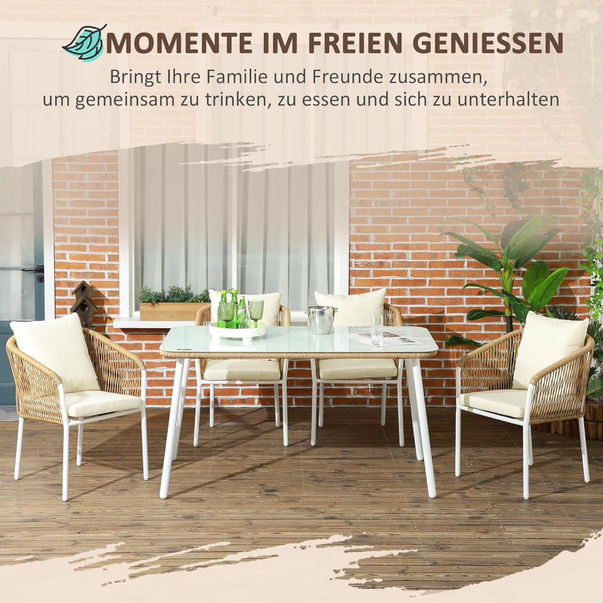5-Delige Tuinset – Tuinmeubelen – Loungeset – Balkontuinset – Eettafelset – Stapelbare Stoelen – Comfortabele Kussens – Gehard Glas Tafelblad - QUORE