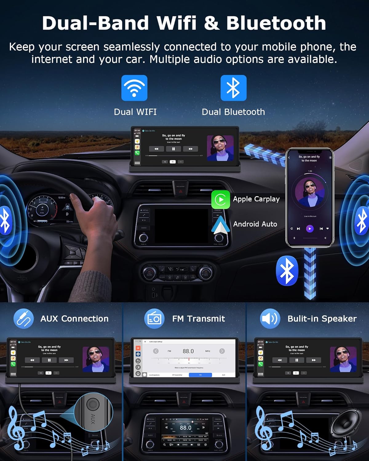 【4-in-1】Carplay Android Auto Scherm voor in de Auto met YouTube/Netflix/Tiktok, Exclusieve Houder 10,26 inch Carplay-scherm Car Play Autoradio met Achteruitrijcamera Dual-band WLAN, Bluetooth