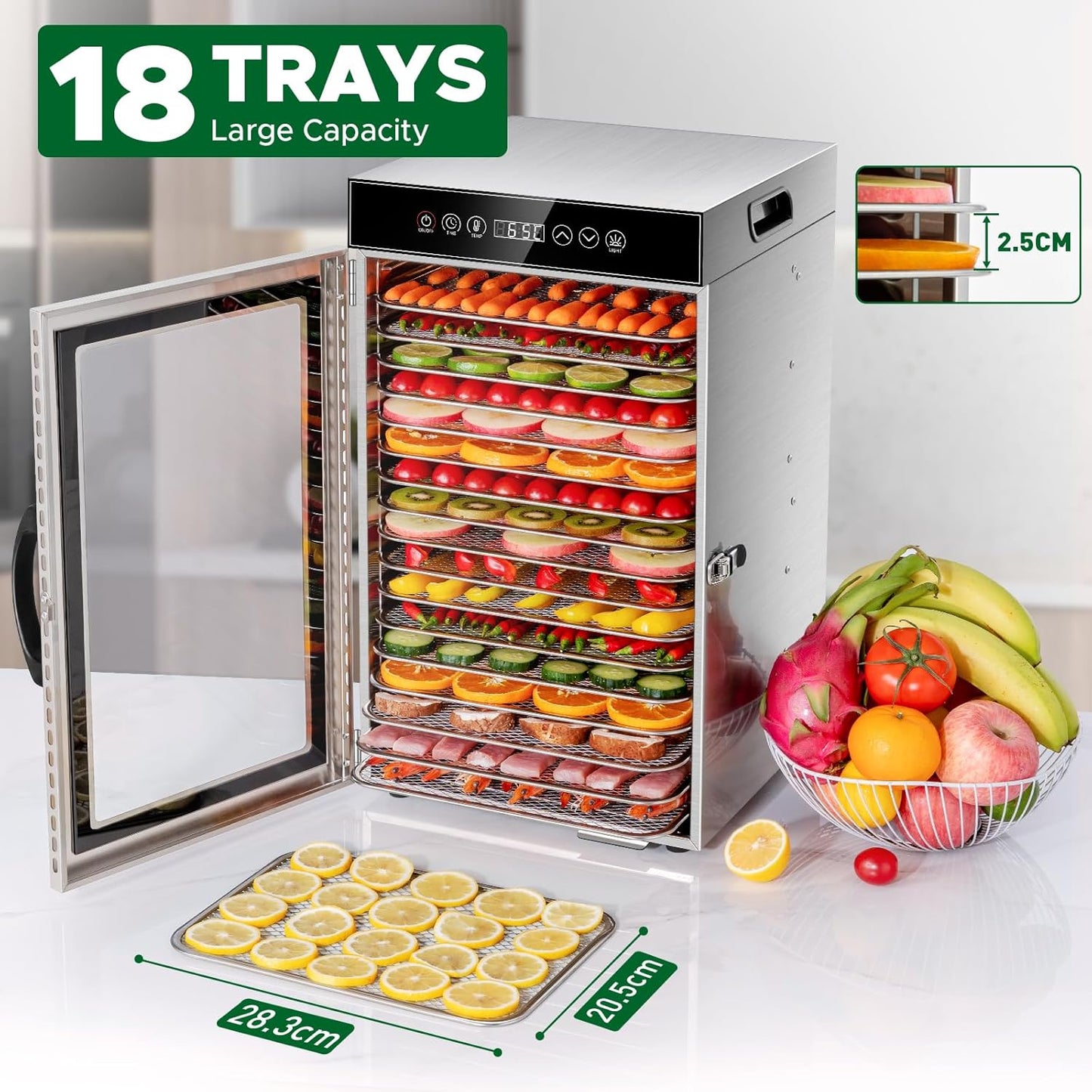 Kwasyo Commerciële Voedsel Dehydrator Machine 18-Tray, 800W Sneldrogende Dehydrater, 24H Timer, LED Display, Roestvrij Staal Dehydrator voor Vlees Jerky Rundvlees Fruit Kruid