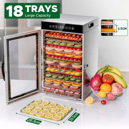 Kwasyo Commerciële Voedsel Dehydrator Machine 18-Tray, 800W Sneldrogende Dehydrater, 24H Timer, LED Display, Roestvrij Staal Dehydrator voor Vlees Jerky Rundvlees Fruit Kruid