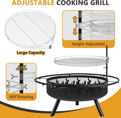 Kalolary 36 Inch Grote Buitenvuurkorven, 2 in 1 Tuinvuurkorf met Stalen BBQ Grill Kookrooster Vuurkorf met Deksel en Vuurpook Zwarte Hittebestendige Vuurkorf voor Tuin, Kampvuur, Kamperen, Picknick