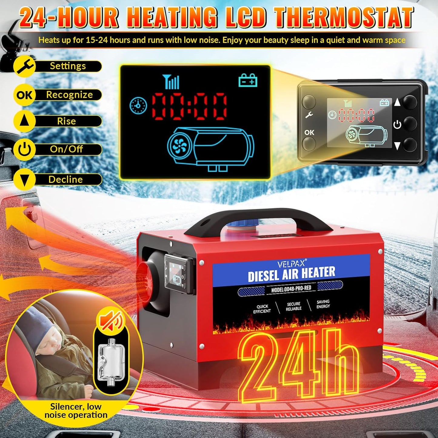 Diesel Air Heater, 12 V, 8 kW Diesel Air Heater, Diesel Parent Heater, Switch with LCD Display, Complete Accessories, Consumption L/H: 0.18-0.48 for Trucks, Motorhomes and Boats - QUORE