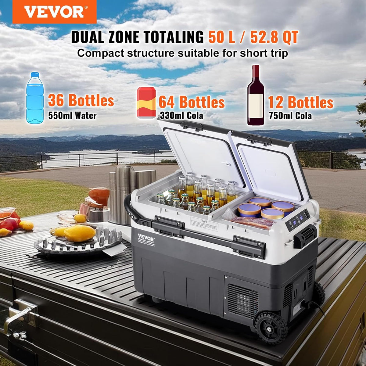 VEVOR Draagbare autokoelkast, 12 V koelkast, draagbare vriezer met twee zones, 50 l, instelbare temperatuur -20~20 °C, compressorkoeler voor thuis, outdoor, camper, auto