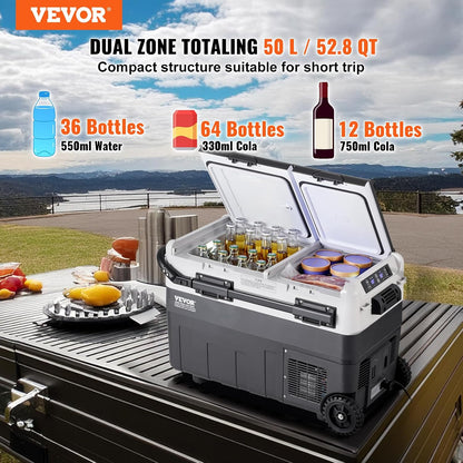 VEVOR Draagbare autokoelkast, 12 V koelkast, draagbare vriezer met twee zones, 50 l, instelbare temperatuur -20~20 °C, compressorkoeler voor thuis, outdoor, camper, auto