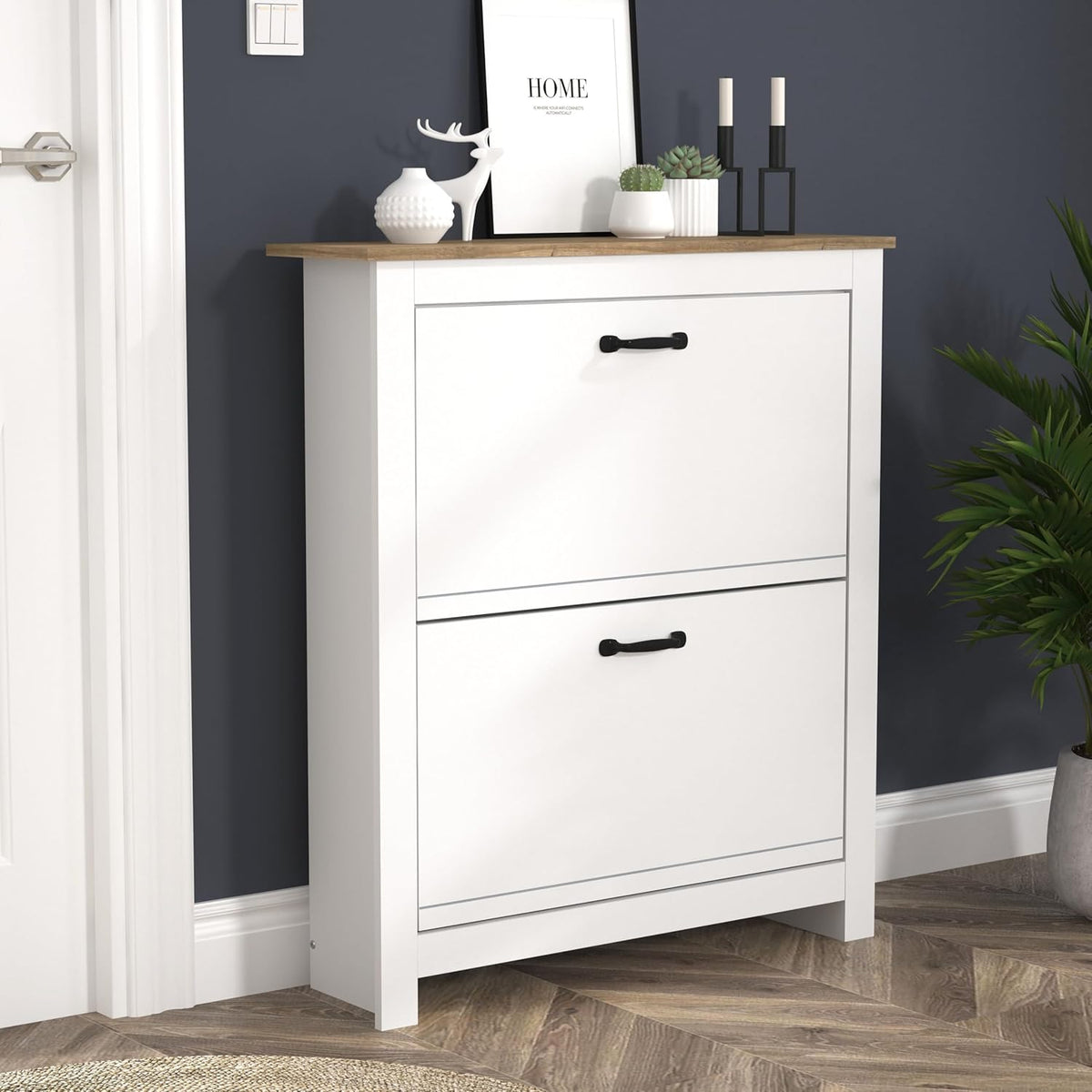 Galano Laverton 2-laags flip-down schoenenkast, slanke moderne schoenopbergkast voor hal, slaapkamer of woonkamer (wit/eiken)