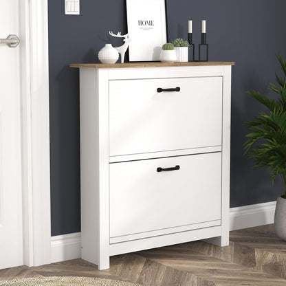Galano Laverton 2-laags flip-down schoenenkast, slanke moderne schoenopbergkast voor hal, slaapkamer of woonkamer (wit/eiken)