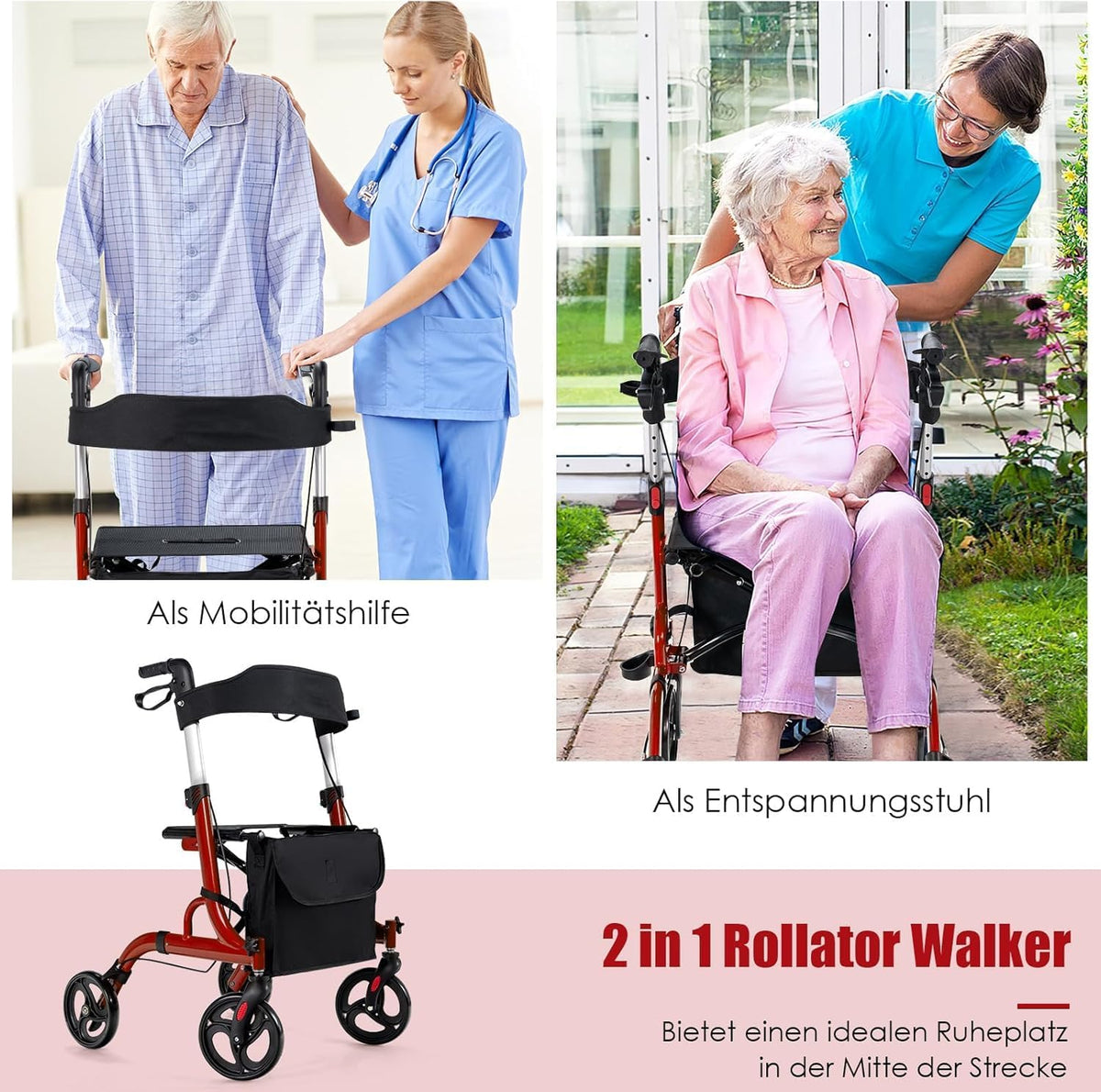 FANTASK Rollator opvouwbaar en licht met zitting, 2-in-1 ruststoel & reisrollator, loophulp 6-voudig in hoogte verstelbaar