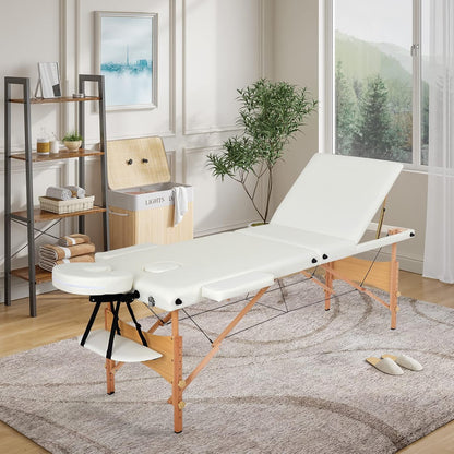 Opvouwbare Massagetafel – Behandelingstafel, Behandelbank, Massagebed, Therapietafel – 3-Delig, Wit – Verstelbare Hoogte 69-81 Cm – 7 Cm Fijncelschuim