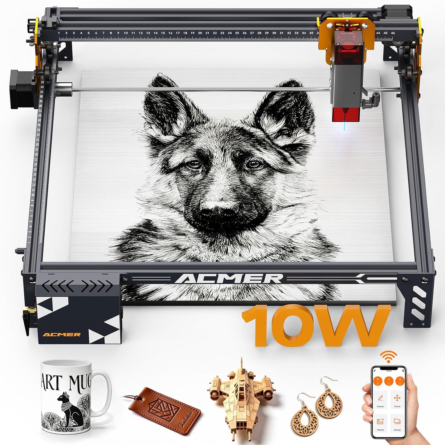 Acmer P1 S Pro Lasersnijder, 10.000mW lasergraveermachine, 72W output, 380 x 370mm graveeroppervlak, 0,01mm graveernauwkeurigheid voor doe-het-zelf, hout, acryl, leer, metaal