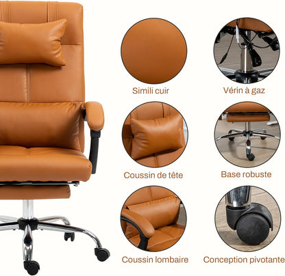 Vinsetto Bureaustoel met massagefunctie, ergonomische managersstoel met verwarming, ligfunctie, lendensteun en hoofdkussen, in hoogte verstelbare draaistoel met kantelfunctie, voetensteun, bruin