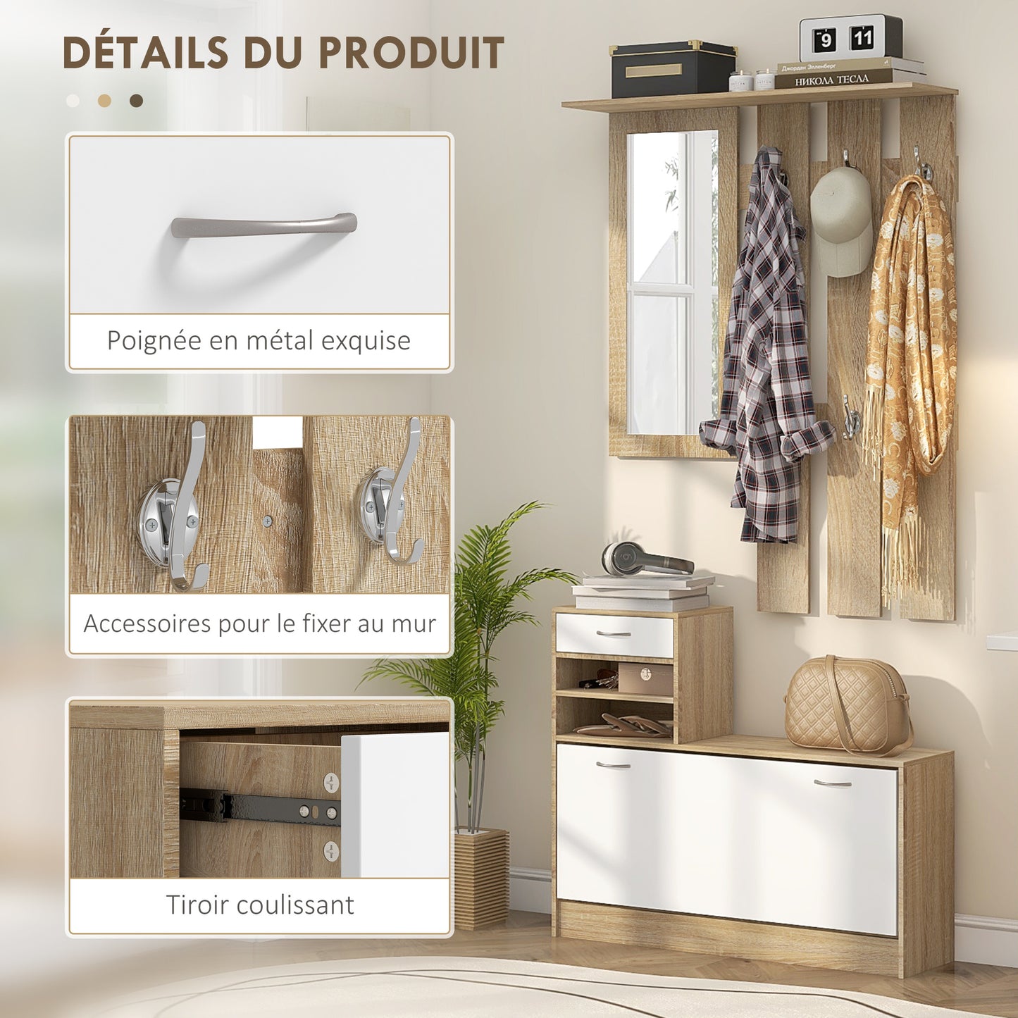 Halmeubel – Kapstok – Schoenenkast – Halbank – Garderoberek – 3-in-1 Multifunctioneel – Melamine Spaanplaat – 6 Haken & Spiegel – Natuurlijk Houtwit