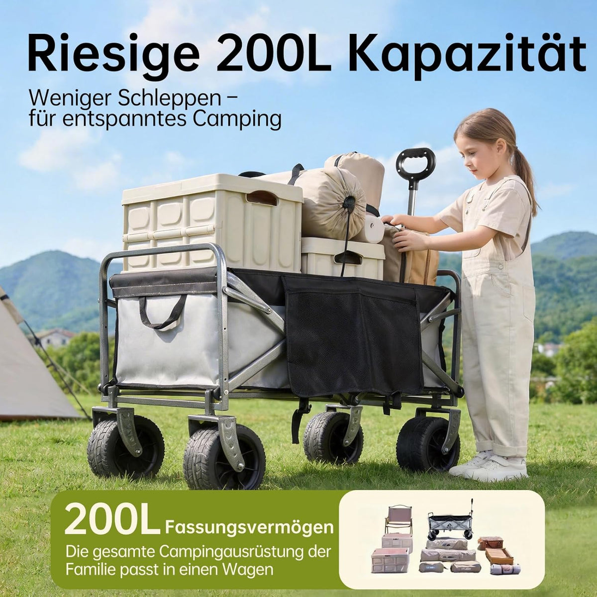 Premium campingwagen met remmen en afneembare wielen, grote transportwagen met 600D Oxford-stof, magnetische handgreep en extra opbergruimte voor camping, strand en tuin (grijs)