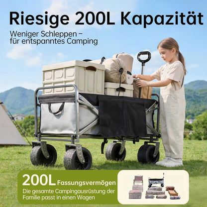 Premium campingwagen met remmen en afneembare wielen, grote transportwagen met 600D Oxford-stof, magnetische handgreep en extra opbergruimte voor camping, strand en tuin (grijs)