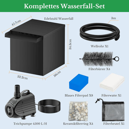 Biling Waterval voor tuinvijver met filterfunctie, zwarte roestvrijstalen watervallen, beekloopset met 80 W, 4500 l/u, vijverpomp, vijverfilter met waterval, voor tuin, waterspel, terras