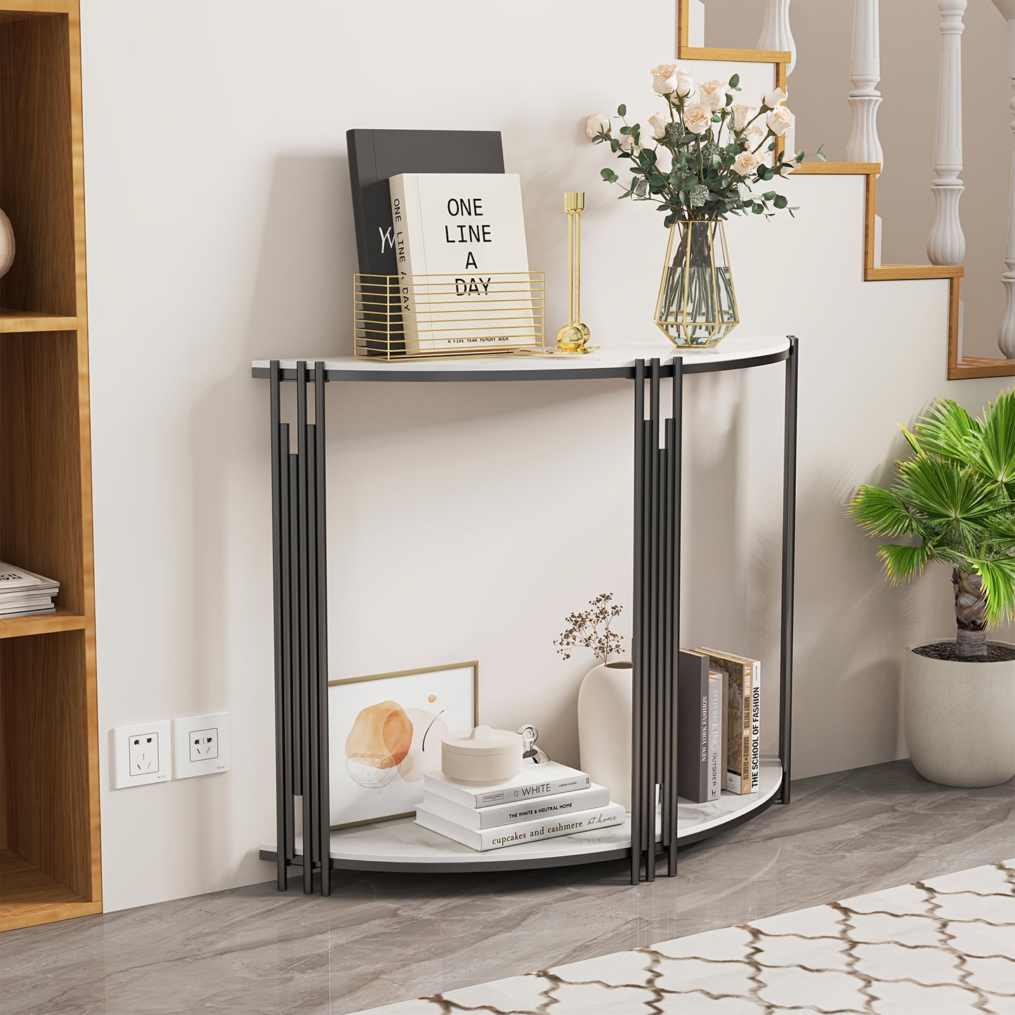 Sidetable – Haltafel – Sofa Tafel – Bijzettafel – Accenttafel – Halfrond Design – Gelaagd Met Sintersteen – 100x30x78 cm – Modern Minimalistisch – Zwart Metaal Frame