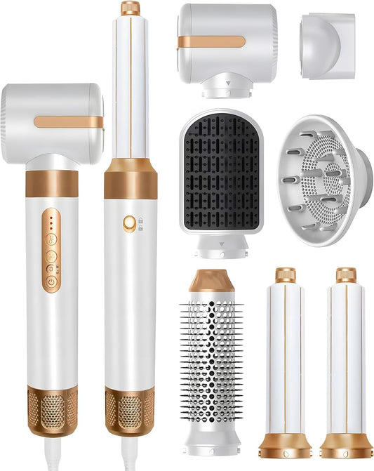 7-in-1 haardroger, snelle haardroger, stylinggereedschapsset, heteluchtborstel, diffuser, mondstukken, stijlkam, krulstaaf, volumizer (wit)