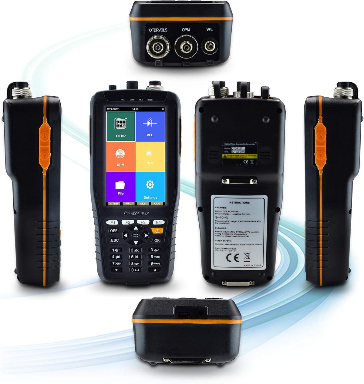 1310/1550nm 22/20dB handheld 4in1 mini OTDR + VFL+OPM+OLS 4 inch touchscreen 60 km glasvezel tester/glasvezel tester/optische tijdbereik-reflectometer met SC(APC) + FC(APC) + FC naar