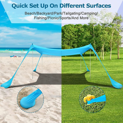 COMMOUDS Beach Tent Beach Tent Portable with 4 Aluminium Poles, 2.1 x 2.1 m, UPF50+, Easy to Set Up Family Shelter for Beach, Camping, Fishing, Outdoors