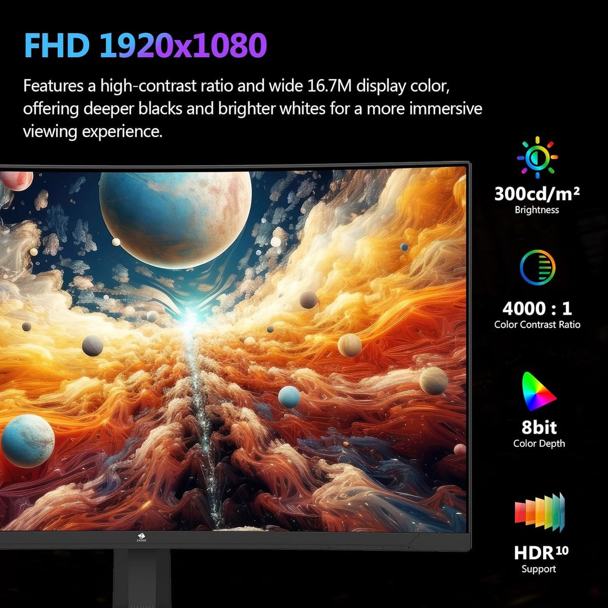 Z-Edge Gaming Monitor Curved 27'' 300Hz (DP1.4 * 2), 1ms, FHD, FreeSync, 240Hz (HDMI2.0 * 2), 16:9 LED Gaming Monitor, Adjustable Tilt, 1500R VA, 4000:1, VESA 100 * 100mm(DP cable included)