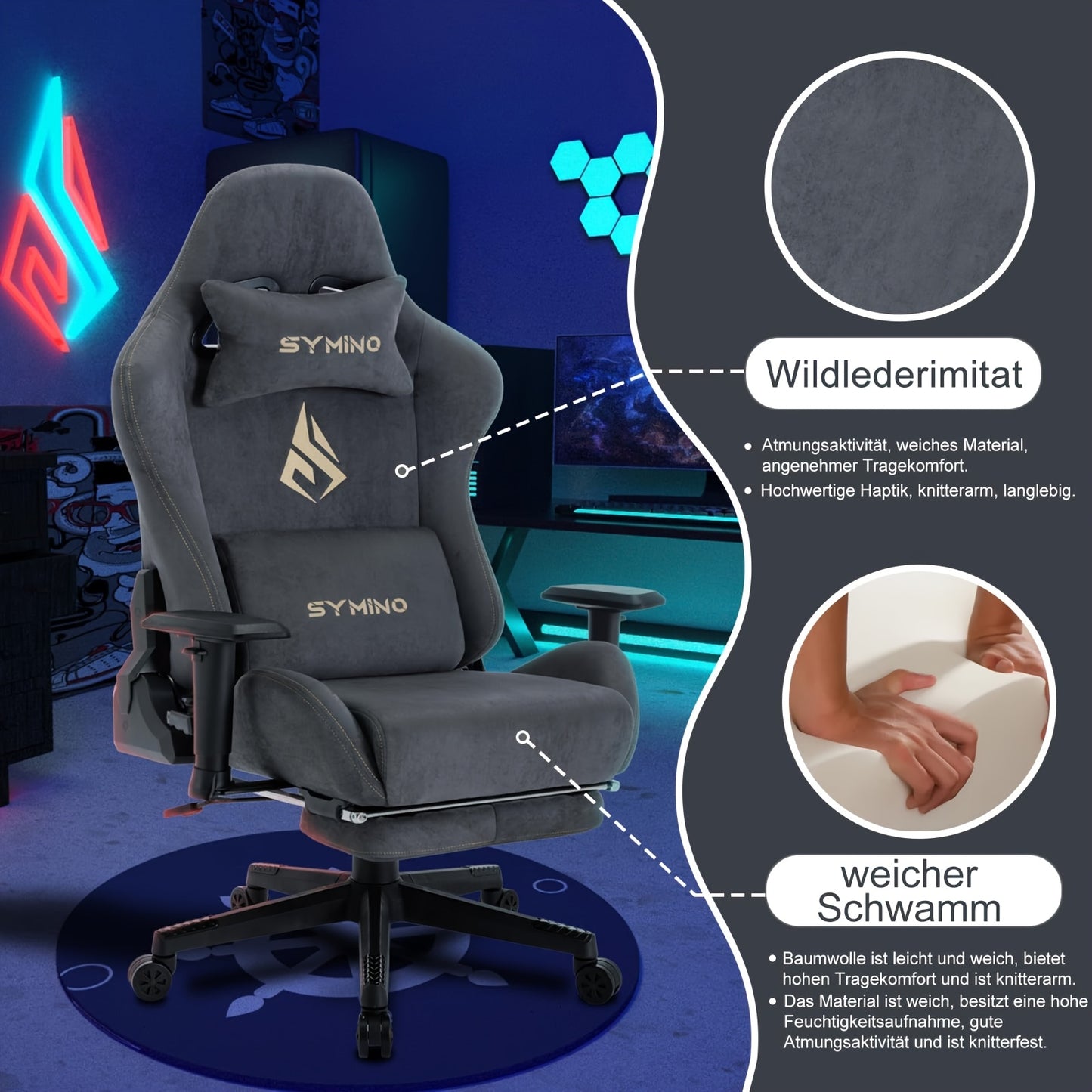 Gamingstoel – Gamestoel – Bureaustoel – Gaming Chair – Game Stoel – Verstelbare Zithoogte – Draaibare Vijfwielige Basis – Ergonomisch Comfort – Duurzame Constructie – Grijs