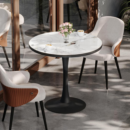 Ronde Eetkamertafel – Ronde Tafel – Bistrotafel – Design Tafel – Keukentafel – Kunstmarmer Blad – Zwarte Stalen Poten – Compact Formaat 78x76x76 cm