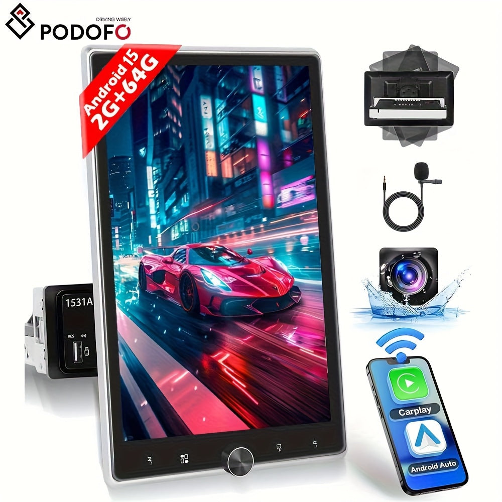 PODOFO [2G+64G] Android 15.0 Carplay Single Din Car Stereo 26.42 cm Vertical Touch Screen Car Radio Audio with Android Auto Voice Control Mirror Link GPS Navigation Wireless RDS/FM Radio Mic Backup Camera, For Gift, Without B