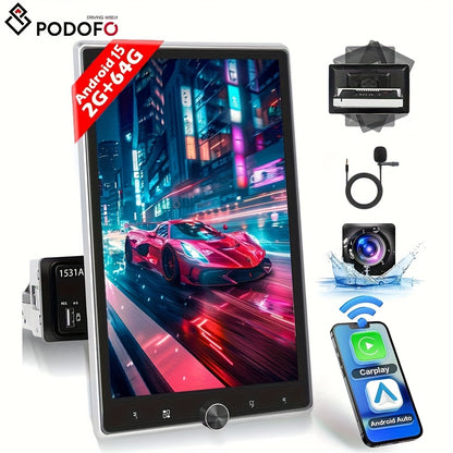 PODOFO [2G+64G] Android 15.0 Carplay Single Din Car Stereo 26.42 cm Vertical Touch Screen Car Radio Audio with Android Auto Voice Control Mirror Link GPS Navigation Wireless RDS/FM Radio Mic Backup Camera, For Gift, Without B