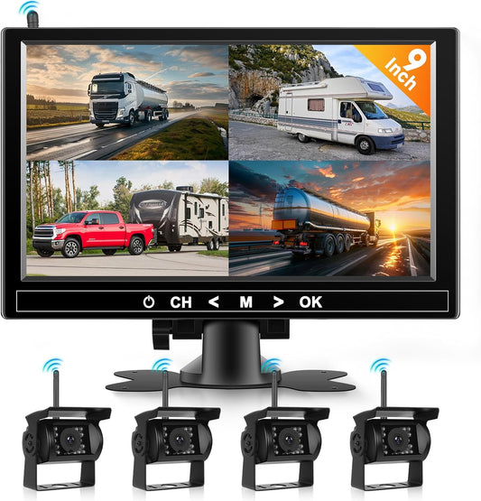 Hodozzy Draadloze 4-camera-set, 9-inch-monitor, waterdicht, nachtzicht, 18 IR, 12/24 V, voor camper, vrachtwagen, aanhanger
