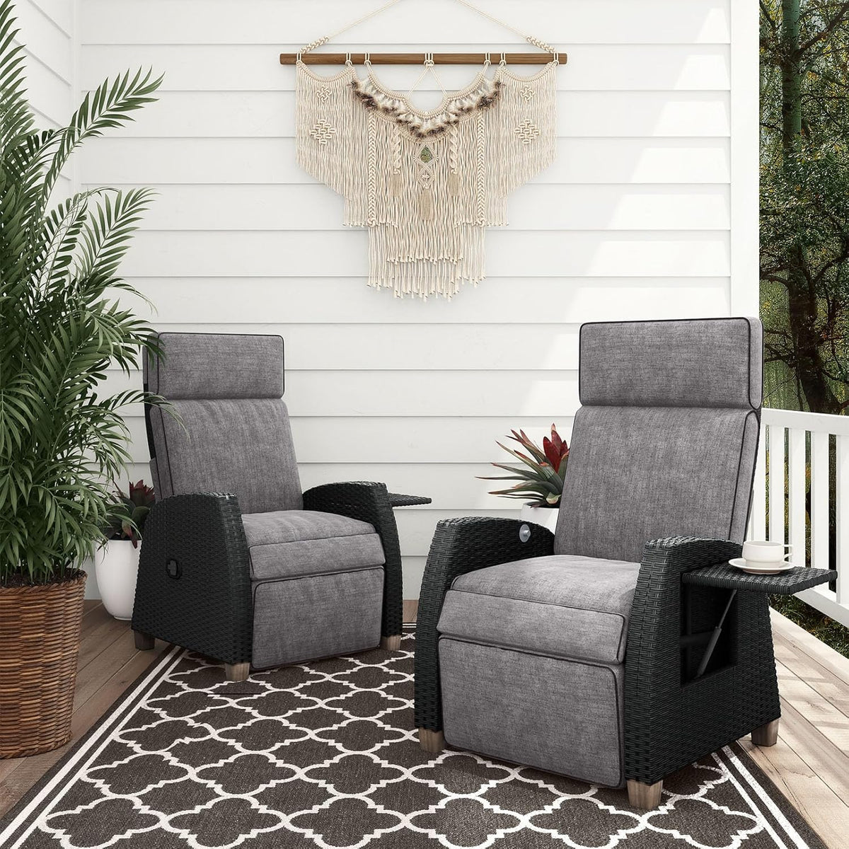 Grand patio Recliner Lounger with Seat Cushion, Aluminium Frame, Garden Chair, Adjustable Backrest, Rattan Sun Lounger for Indoor, Outdoor (Grey Seat Cushion and Brown Rattan) - QUORE