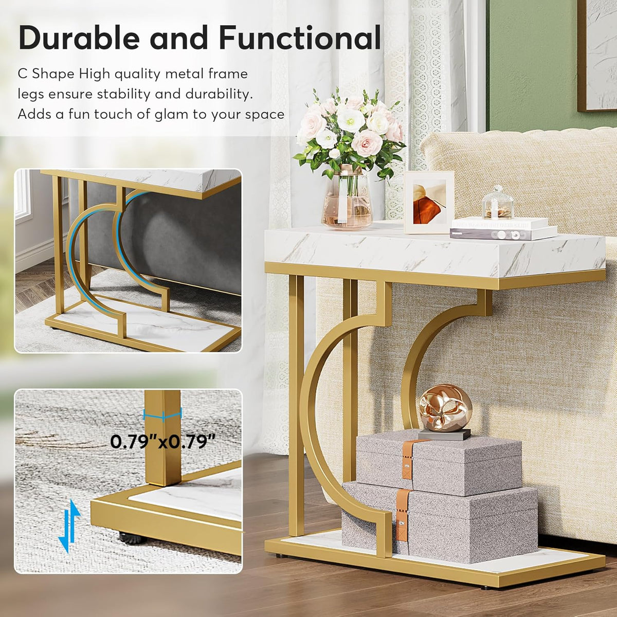 Tribesigns Narrow Side Table, Set of 2, C-Shaped Side Table, Modern Bedside Table for Sofa, Coffee Table with Metal Frame for Living Room (White Gold)