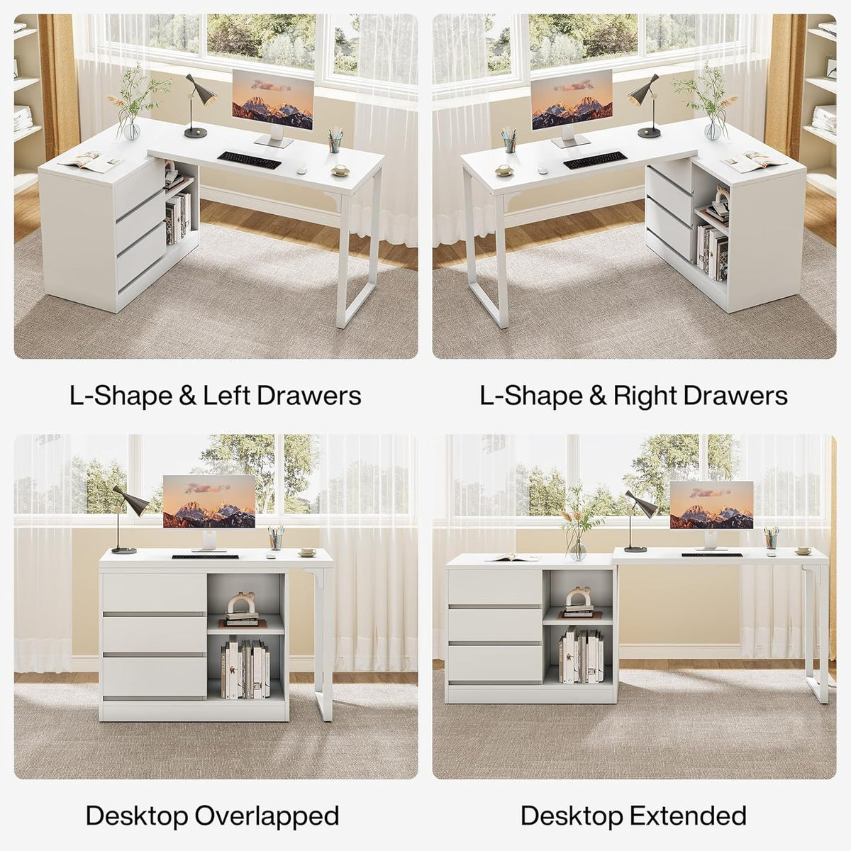 Tribesigns Desk, L Shaped Computer Table with Drawers and Shelves, Reversible White Corner Desk with Storage Cabinet, Modern Work Table for Home Office, Bedroom