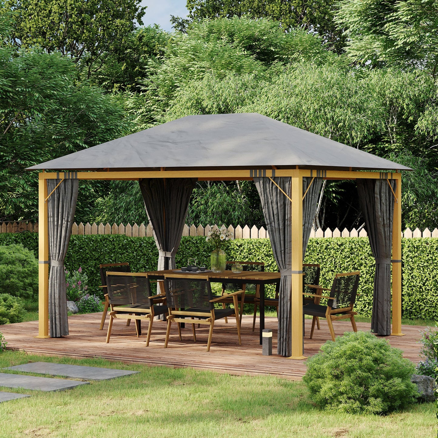 Tuinprieel – Tuinkamer – Overkapping – Pergola – Tuinpaviljoen – Aluminium Frame – Polyester Dak met UV Bescherming – Donkergrijs