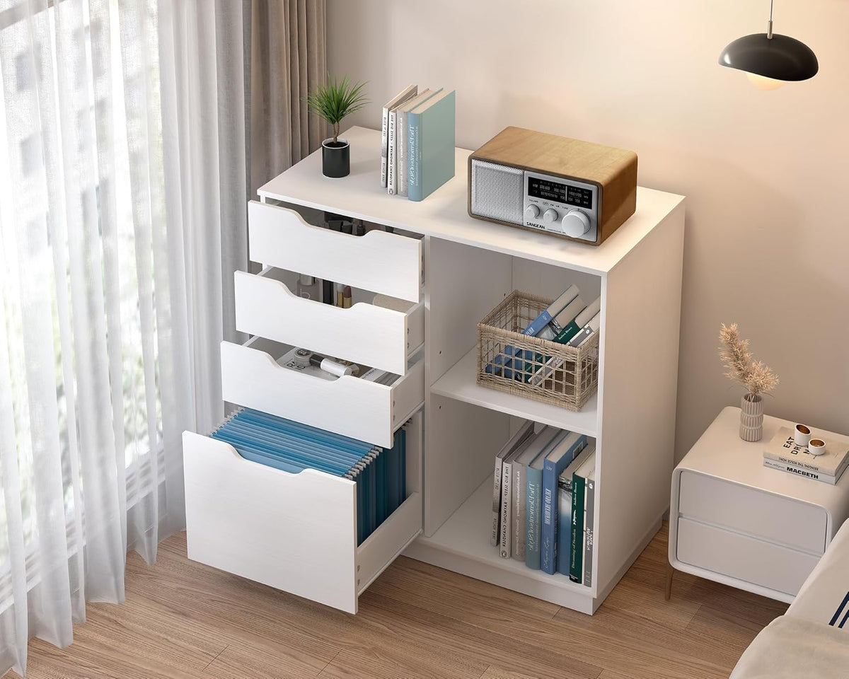 EasyPAG Houten zijarchiefkast met 4 laden, A4-formaat formaat hangmap, archiefkast, printerstandaard met open opbergplank voor kantoor en thuis, wit