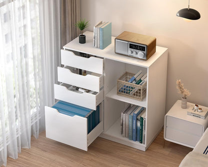 EasyPAG Houten zijarchiefkast met 4 laden, A4-formaat formaat hangmap, archiefkast, printerstandaard met open opbergplank voor kantoor en thuis, wit
