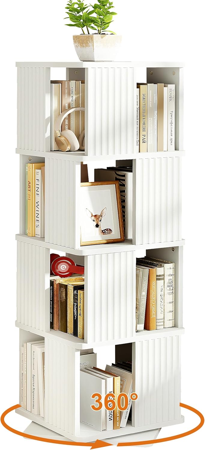 YOSHOOT 4-laags roterende boekenplank staande 360 ° roterende boekenkast, 129,3 cm houten draaiende boekenplank, boekenopbergrek voor studeerkamer, slaapkamer, woonkamer, 45 x 45 x 129,3 cm (wit)