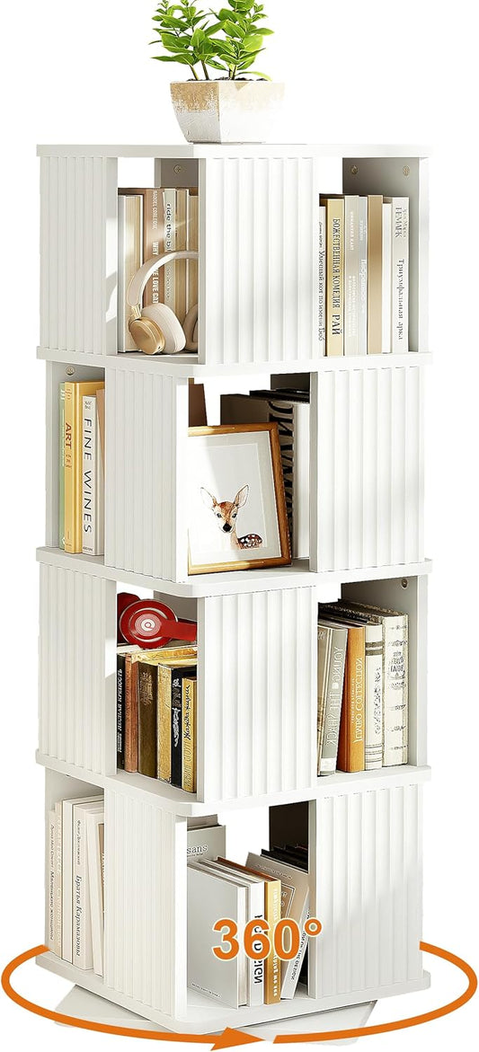 YOSHOOT 4-laags roterende boekenplank staande 360 ° roterende boekenkast, 129,3 cm houten draaiende boekenplank, boekenopbergrek voor studeerkamer, slaapkamer, woonkamer, 45 x 45 x 129,3 cm (wit)