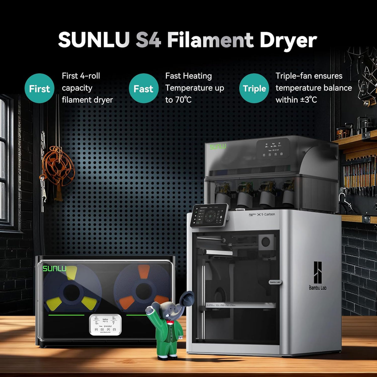 SUNLU Sunlu S4 Officiële filamentdroger, verbeterde capaciteit voor 4 spoelen, efficiënt drogen tot 70 °C, intelligente vochtregeling, snel opwarmen, 3D-filamentdroger, wit