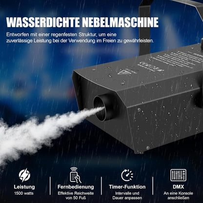 1500 W DMX rookmachine met draadloze afstandsbediening en timer, professionele outdoor rookmachine voor bruiloft, podium, DJ, feesten, Halloween, concerten en evenementen
