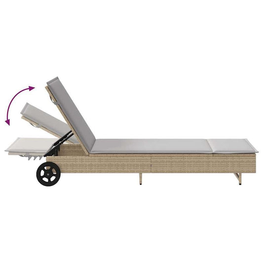 Ligstoel – Ligbed – Relaxstoel – Tuinstoel – Poly Rattan – Verstelbare Rugleuning – Wieltjes Met Kussen - QUORE