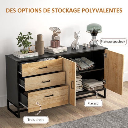 Dressoir – Buffet – Opbergkast – Ladekast – Woonkamermeubel – Natuurlijk Hout – 3 Laden & Verstelbare Plank – Stalen Poten & Soft-Close Scharnieren
