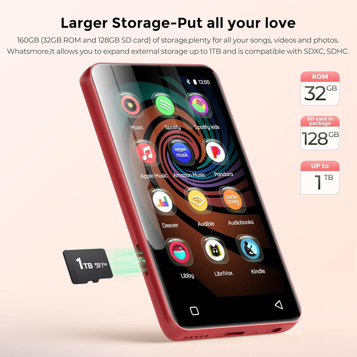 Innioasis 160GB MP3 Player with Bluetooth and WiFi, Android Music Player with Spotify, Amazon Music, Pandora, APP Store, 4 Inch Full Touch Screen MP3 Player with Audible, Libby, Audiobook (Black_Red) - QUORE