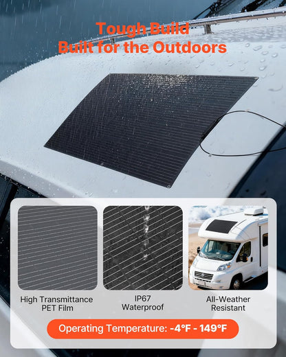 VEVOR 200W Monocrystalline Solar Panel Mono Charger High Efficiency Off Grid with MC4 Output Waterproof IP67 for Curved Surfaces for Motorhomes and Cars