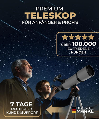 Telescoop 60800 – refractorverrekijker, 60 mm opening, 800 mm brandpuntsafstand, 3 oculairs + 3 x barlow lens, zoekerverrekijker, statief en adapter voor mobiele telefoons – voor