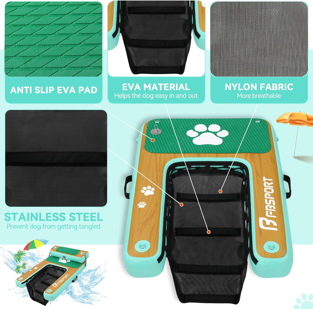 FBSPORT Drijvende watertoegangsladder voor honden, boot, meer, antislip EVA-ladder tot 100 kg
