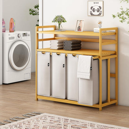 AdelDream Premium wasmand 200 liter, wassorteerder met 4 vakken en 2 planken, bamboe wasmand met uittrekbare en afneembare waszak, lichtgrijs