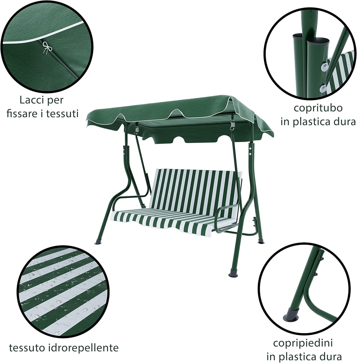 Schommelbank 3-zits met verstelbaar zonnedak, gevoerd kussen, robuust frame van gelakt staal, voor buiten, tuin, balkon, terras, zwembad, 170 x 110 x 153 cm (groen gestreept)