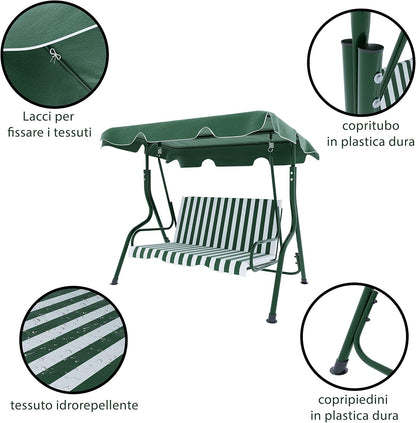 Schommelbank 3-zits met verstelbaar zonnedak, gevoerd kussen, robuust frame van gelakt staal, voor buiten, tuin, balkon, terras, zwembad, 170 x 110 x 153 cm (groen gestreept)
